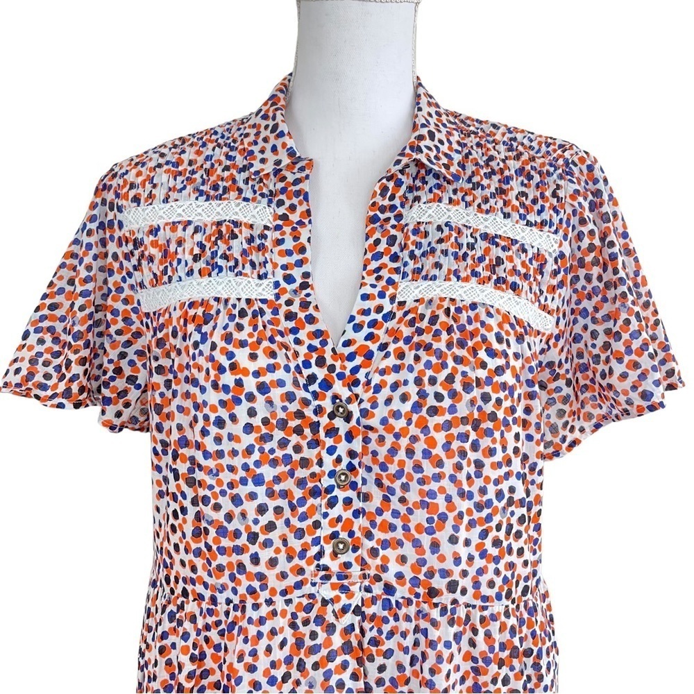 Anthropologie Georgina Tiered Shirtdress In Orange Blue Funky Dot M - Picture 9 of 14